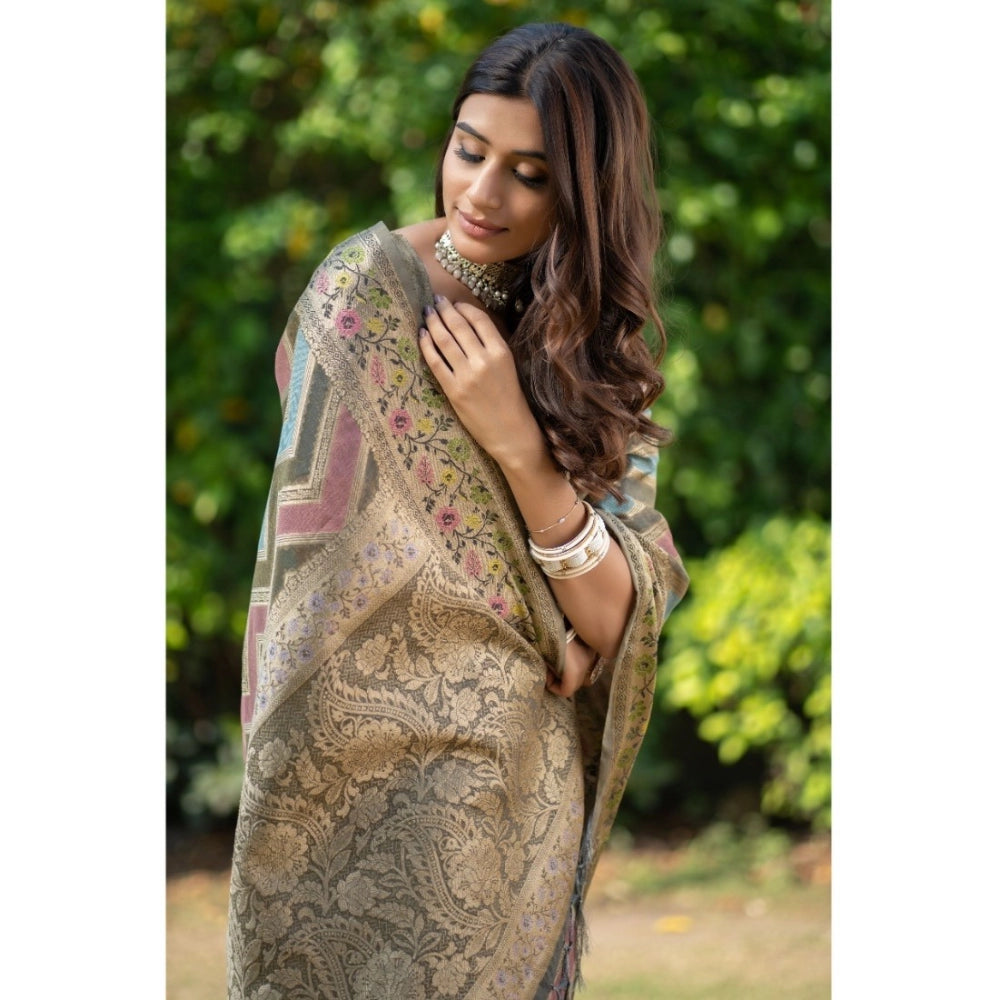 Generic Women's Organza Printed Saree With Unstitched Blouse (Grey, 5-6 Mtrs)