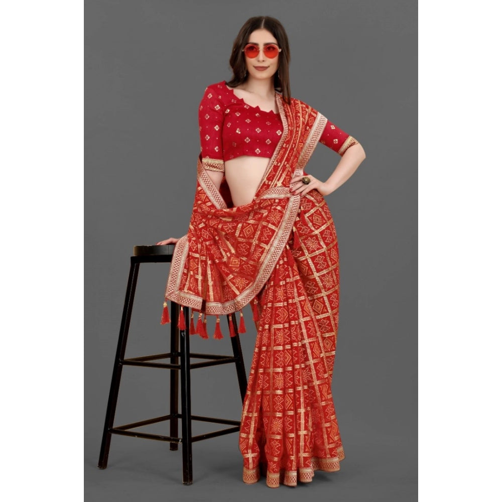 Generic Women's Soft Silk Printed Saree With Unstitched Blouse (Red, 5-6 Mtrs)