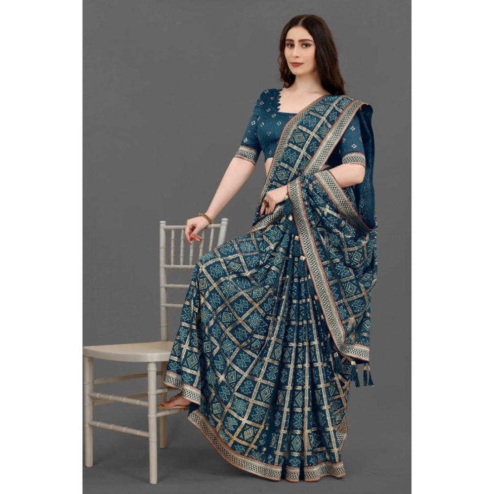 Generic Women's Soft Silk Printed Saree With Unstitched Blouse (Teal, 5-6 Mtrs)