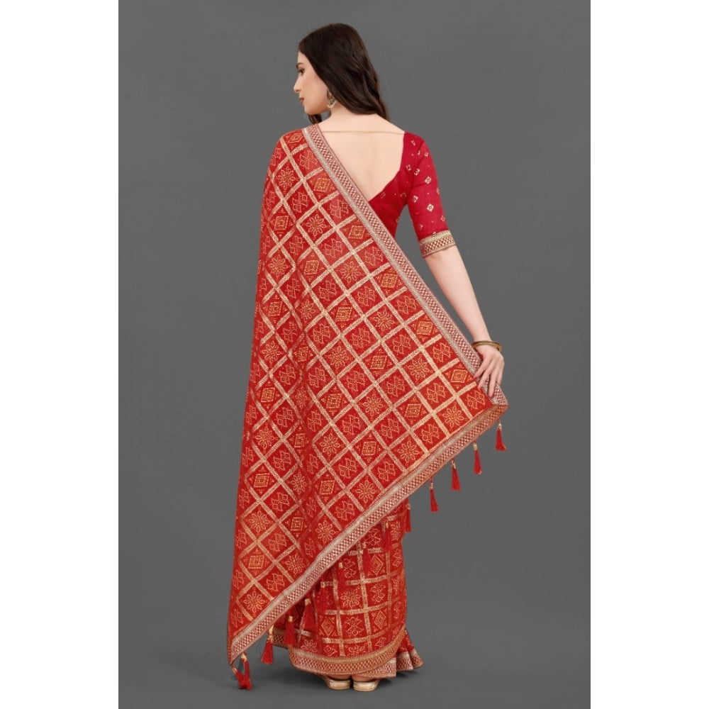 Generic Women's Soft Silk Printed Saree With Unstitched Blouse (Red, 5-6 Mtrs)