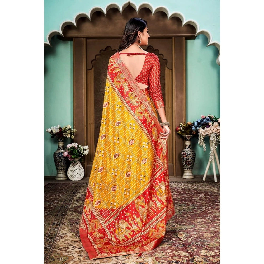 Generic Women's Soft Silk Printed Saree With Unstitched Blouse (Yellow, 5-6 Mtrs)