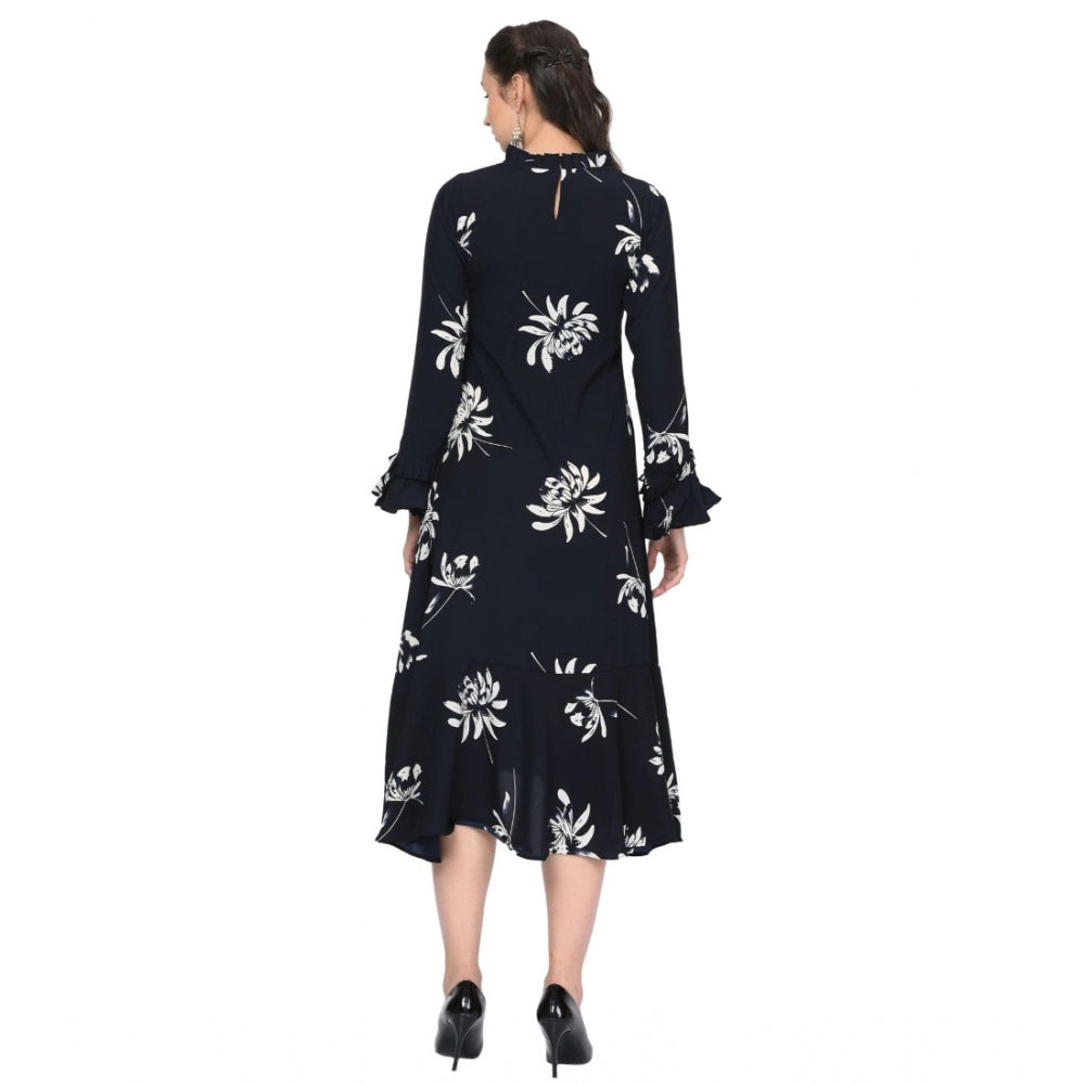 Generic Women's Cotton Blend Floral Full Sleeves Dress (Black)