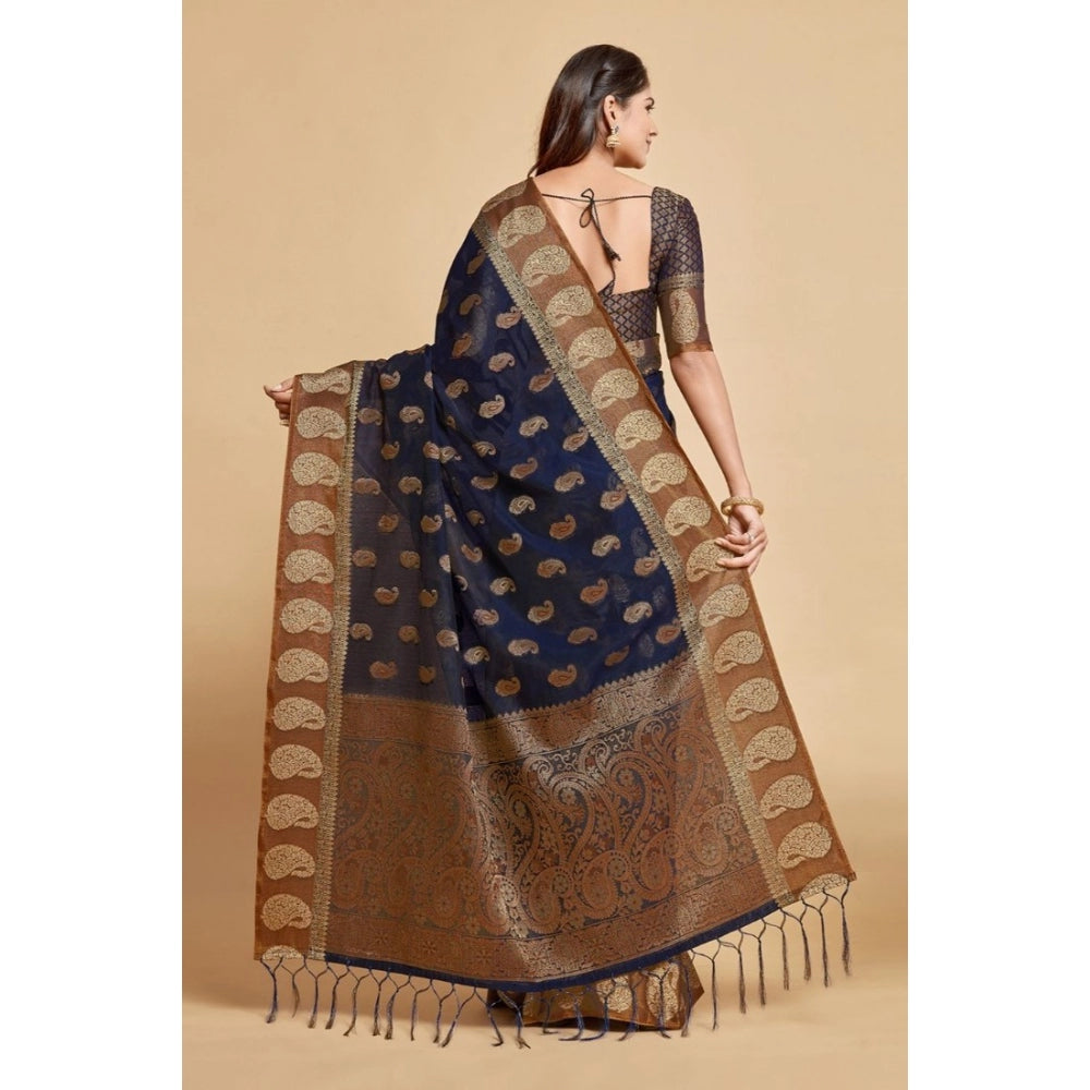 Generic Women's Chanderi Cotton Printed Saree With Unstitched Blouse (Navy Blue, 5-6 Mtrs)