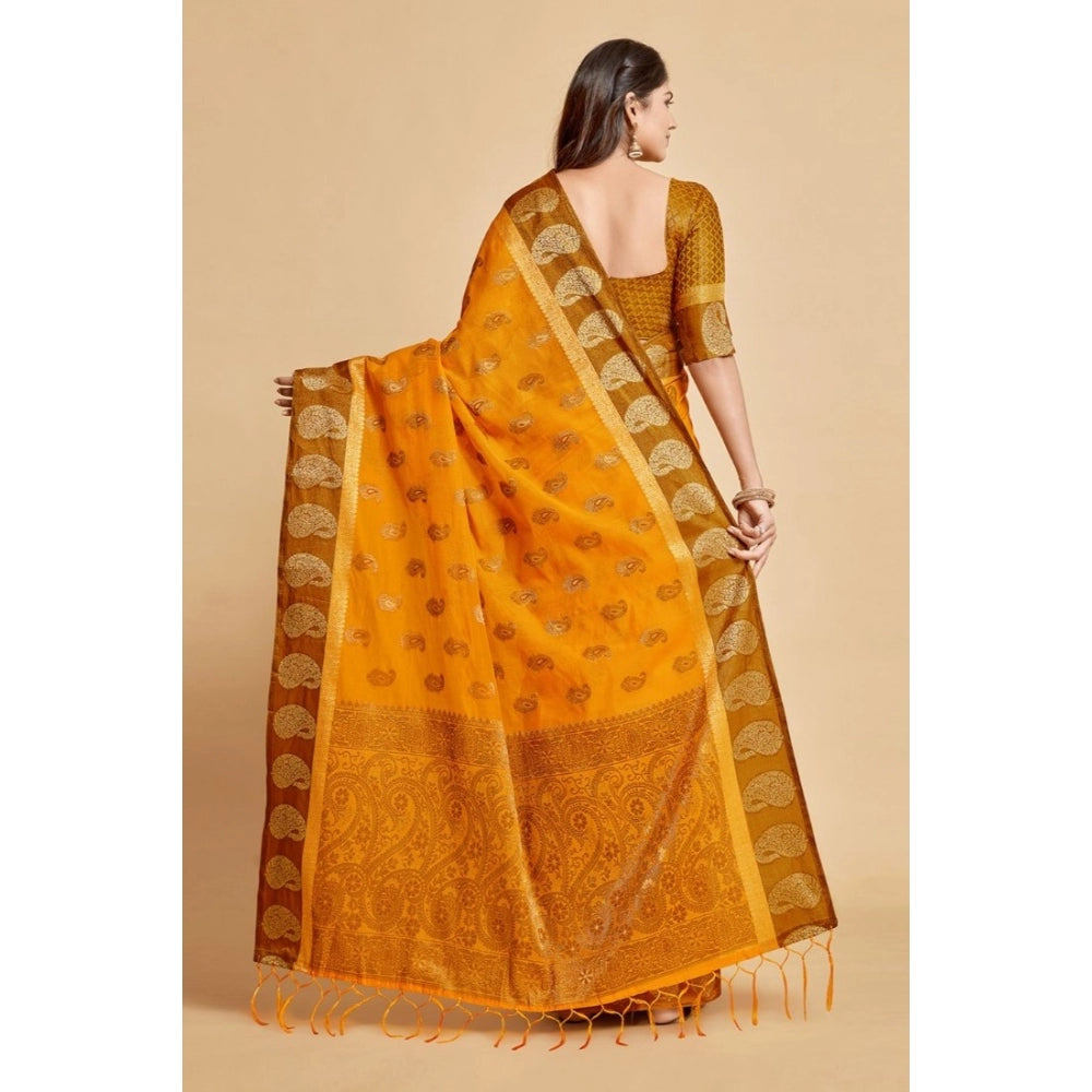 Generic Women's Chanderi Cotton Printed Saree With Unstitched Blouse (Mustard, 5-6 Mtrs)