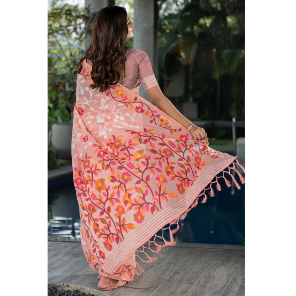 Generic Women's Cotton Printed Saree With Unstitched Blouse (Peach, 5-6 Mtrs)