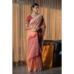 Generic Women's Mulmul Cotton Printed Saree With Unstitched Blouse (Peach, 5-6 Mtrs)