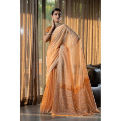 Generic Women's Mulmul Cotton Printed Saree With Unstitched Blouse (Orange, 5-6 Mtrs)