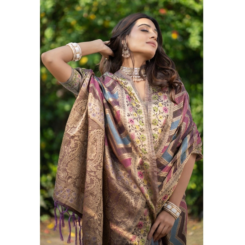 Generic Women's Organza Printed Saree With Unstitched Blouse (Wine, 5-6 Mtrs)