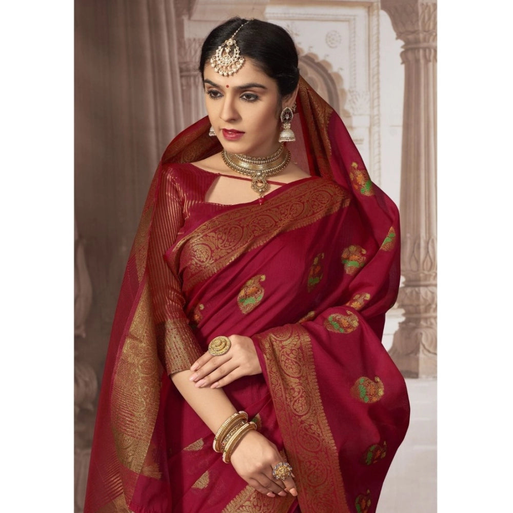 Generic Women's Chanderi Cotton Printed Saree With Unstitched Blouse (Red, 5-6 Mtrs)