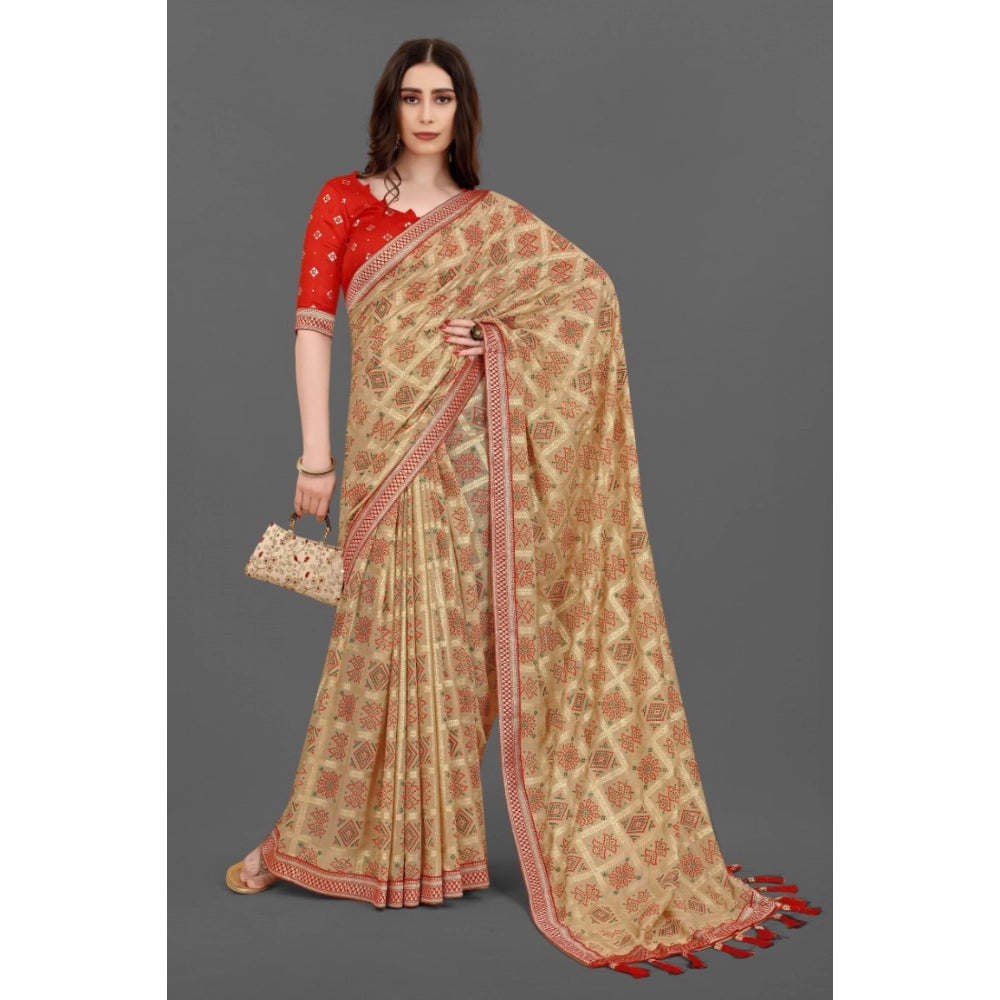 Generic Women's Soft Silk Printed Saree With Unstitched Blouse (Beige, 5-6 Mtrs)