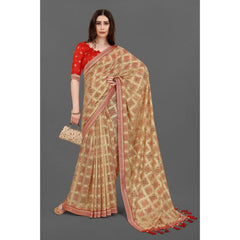 Generic Women's Soft Silk Printed Saree With Unstitched Blouse (Beige, 5-6 Mtrs)