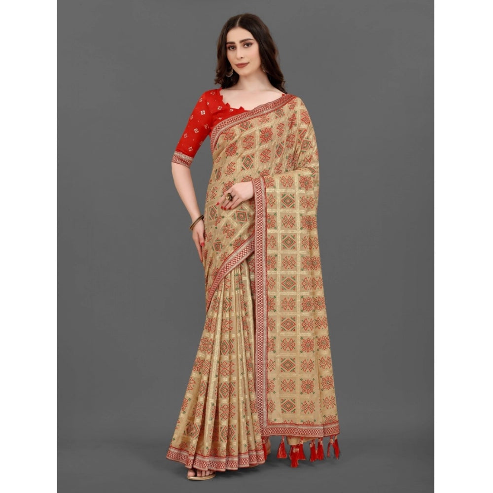 Generic Women's Soft Silk Printed Saree With Unstitched Blouse (Beige, 5-6 Mtrs)