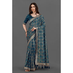 Generic Women's Soft Silk Printed Saree With Unstitched Blouse (Teal, 5-6 Mtrs)