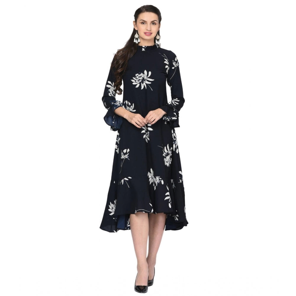 Generic Women's Cotton Blend Floral Full Sleeves Dress (Black)