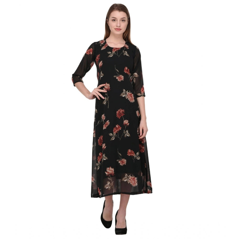 Generic Women's Cotton Blend Floral 3-4 Sleeve Dress (Black)