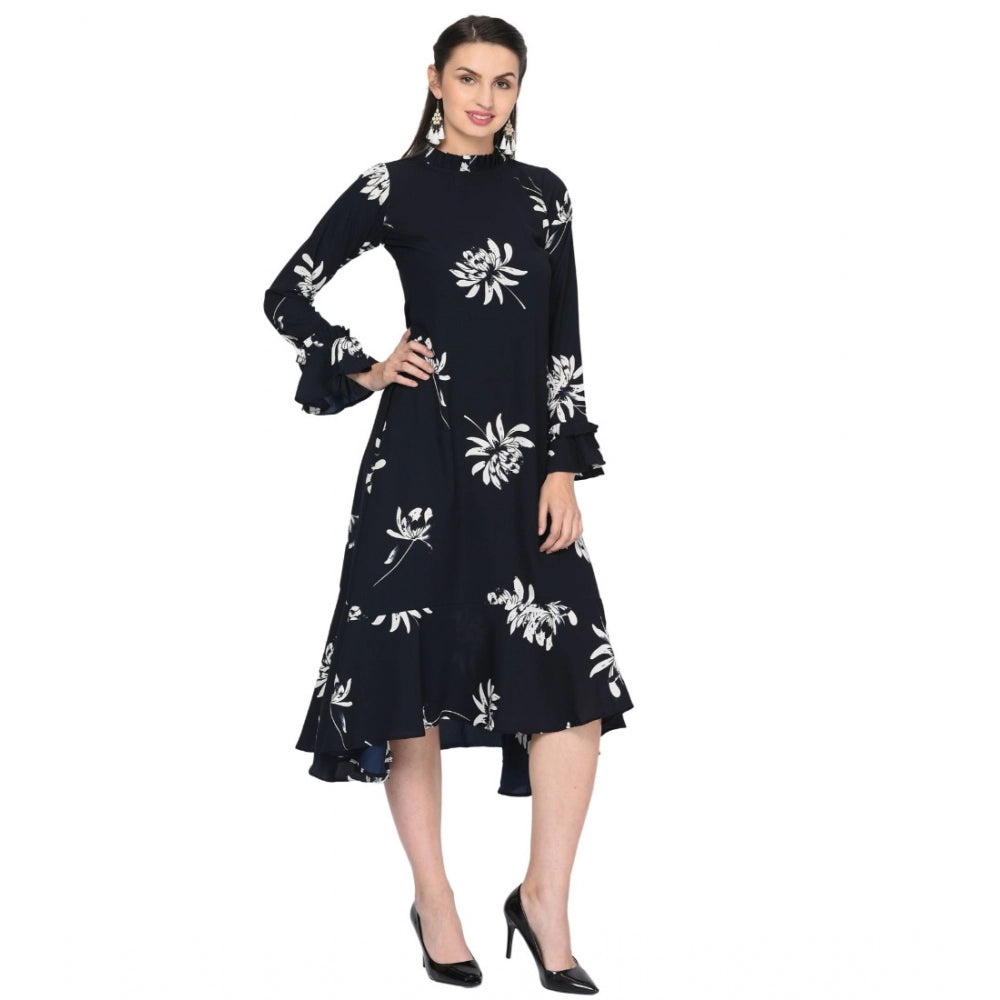 Generic Women's Cotton Blend Floral Full Sleeves Dress (Black)