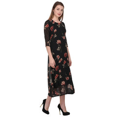 Generic Women's Cotton Blend Floral 3-4 Sleeve Dress (Black)