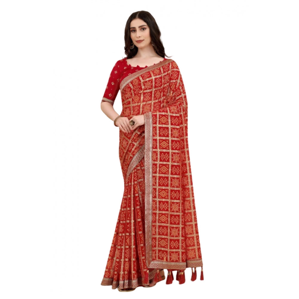 Generic Women's Soft Silk Printed Saree With Unstitched Blouse (Red, 5-6 Mtrs)