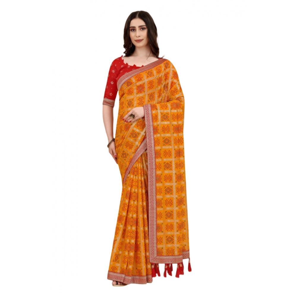 Generic Women's Soft Silk Printed Saree With Unstitched Blouse (Mustard, 5-6 Mtrs)