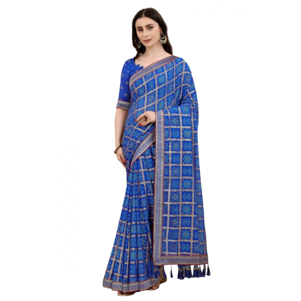 Generic Women's Soft Silk Printed Saree With Unstitched Blouse (Blue, 5-6 Mtrs)