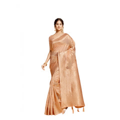 Generic Women's Linen Printed Saree With Unstitched Blouse (Peach, 5-6 Mtrs)