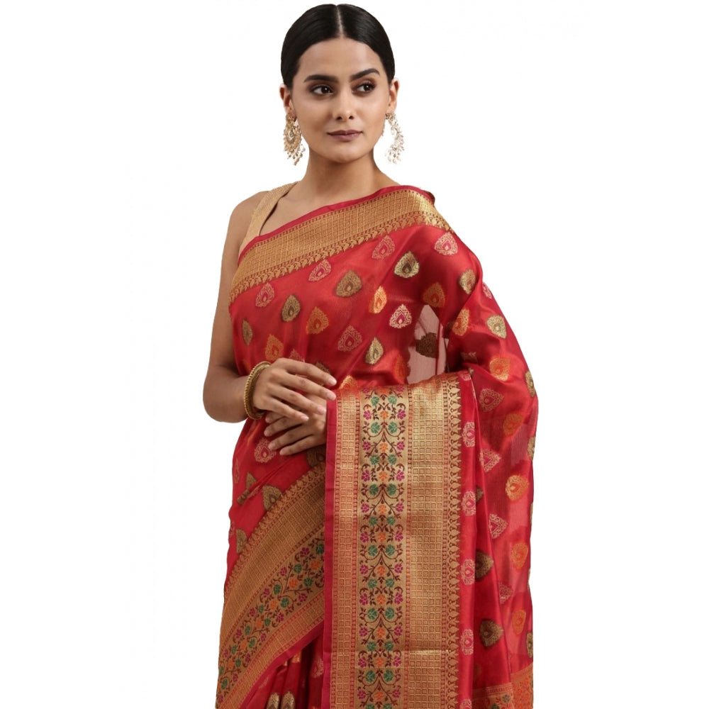 Generic Women's Organza Printed Saree With Unstitched Blouse (Red, 5-6 Mtrs)