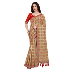 Generic Women's Soft Silk Printed Saree With Unstitched Blouse (Beige, 5-6 Mtrs)