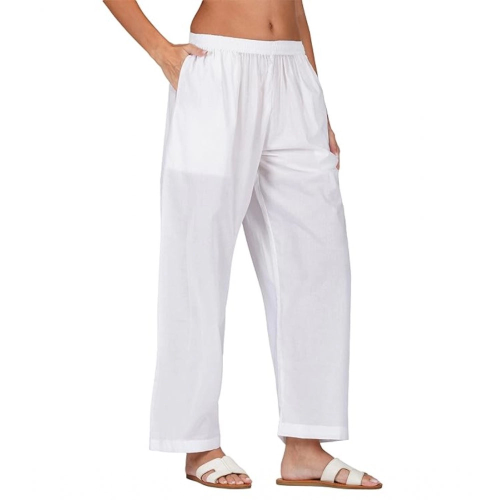 Generic Women's Casual Cotton Cambric Solid Elastic Palazzo Trousers (White)