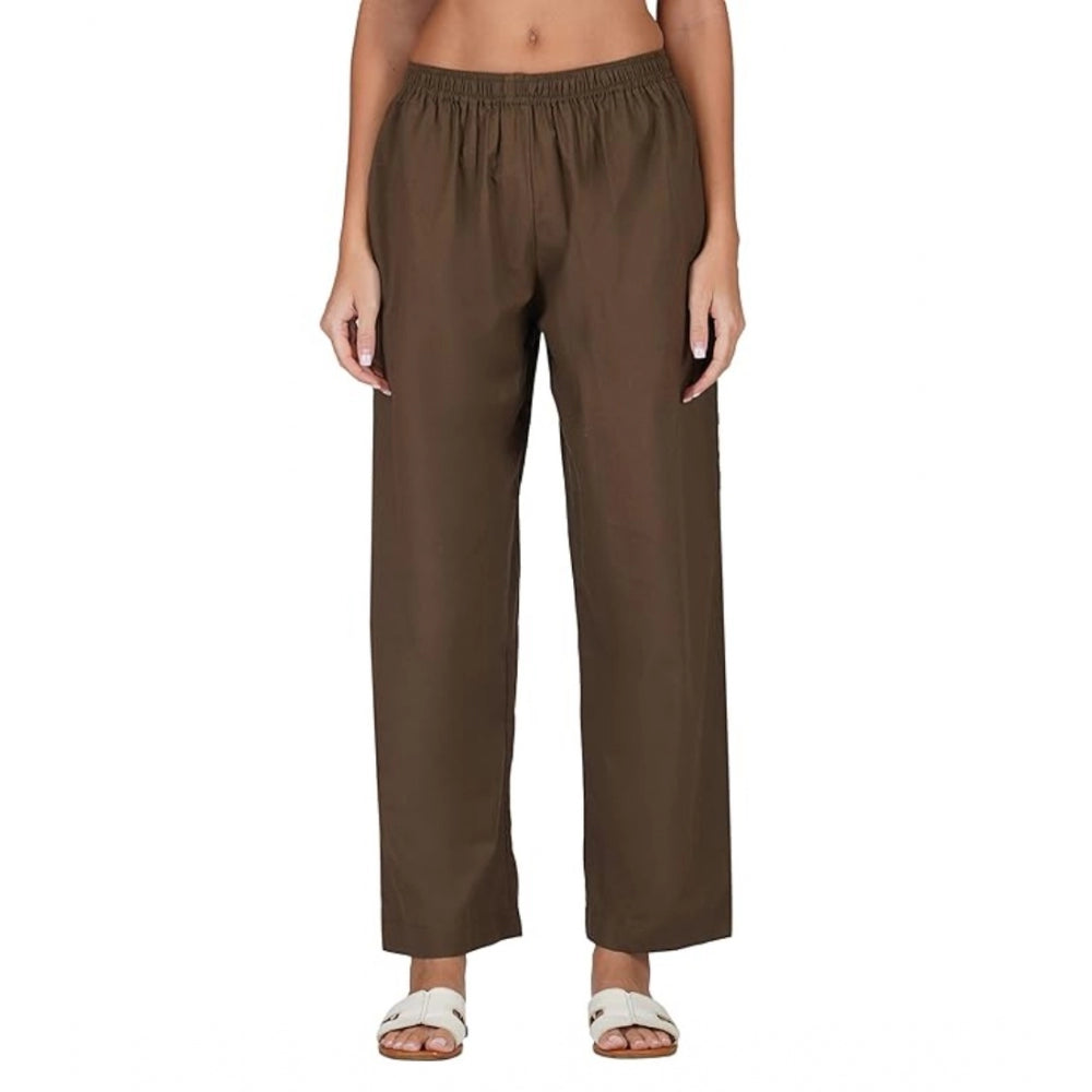 Generic Women's Casual Cotton Cambric Solid Elastic Palazzo Trousers (Brown)