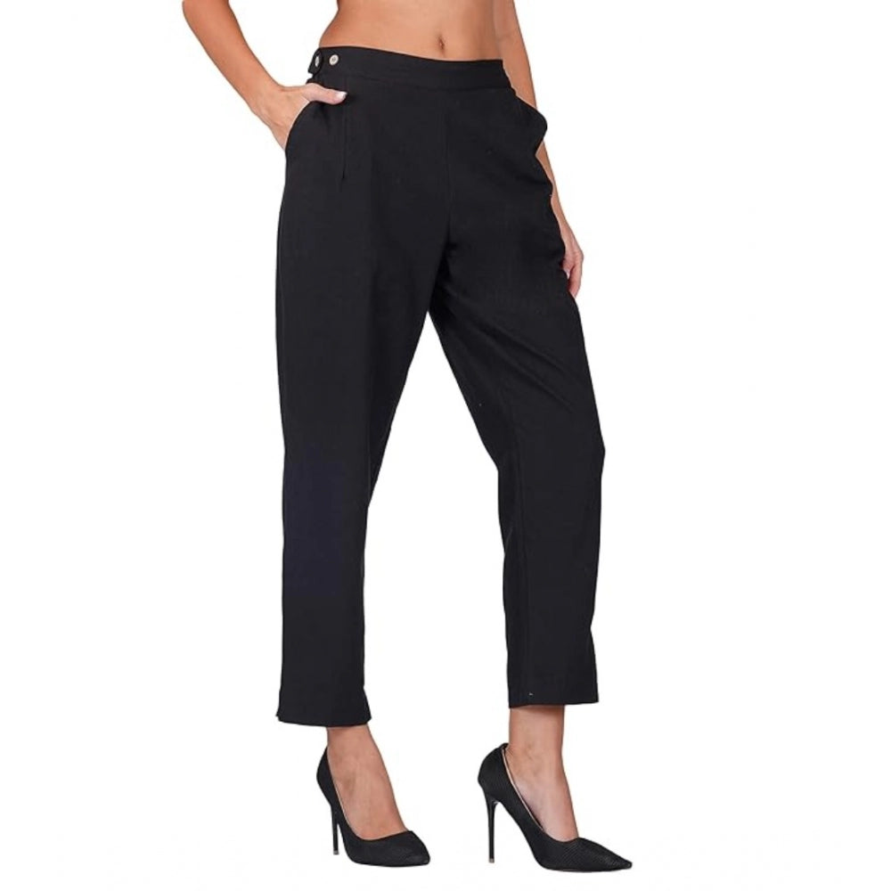 Generic Women's Casual Cotton Flax Solid Adjustable Waist Trouser Pants (Black)