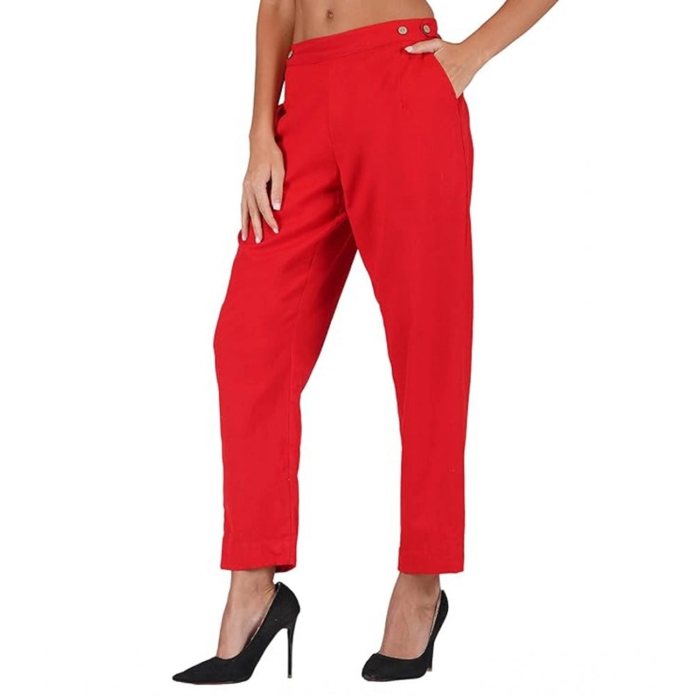 Generic Women's Casual Cotton Flax Solid Adjustable Waist Trouser Pants (Red)