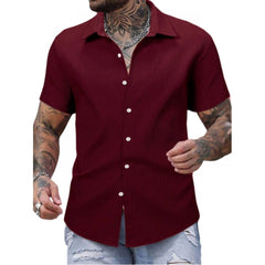 Generic Men's Casual Short Sleeve Striped Cotton Blended Shirt (Maroon)