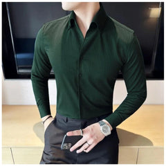 Generic Men's Casual Full Sleeve Striped Cotton Blended Shirt (Green)