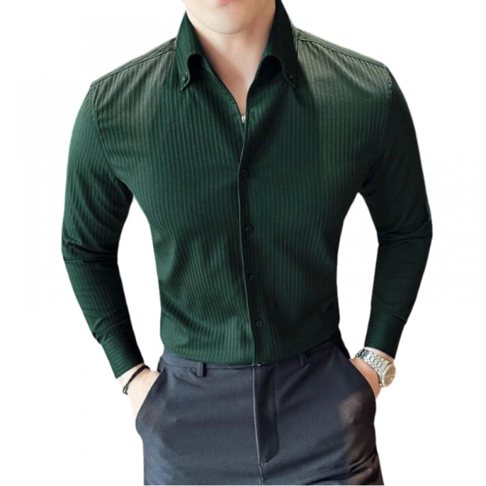 Generic Men's Casual Full Sleeve Striped Cotton Blended Shirt (Green)