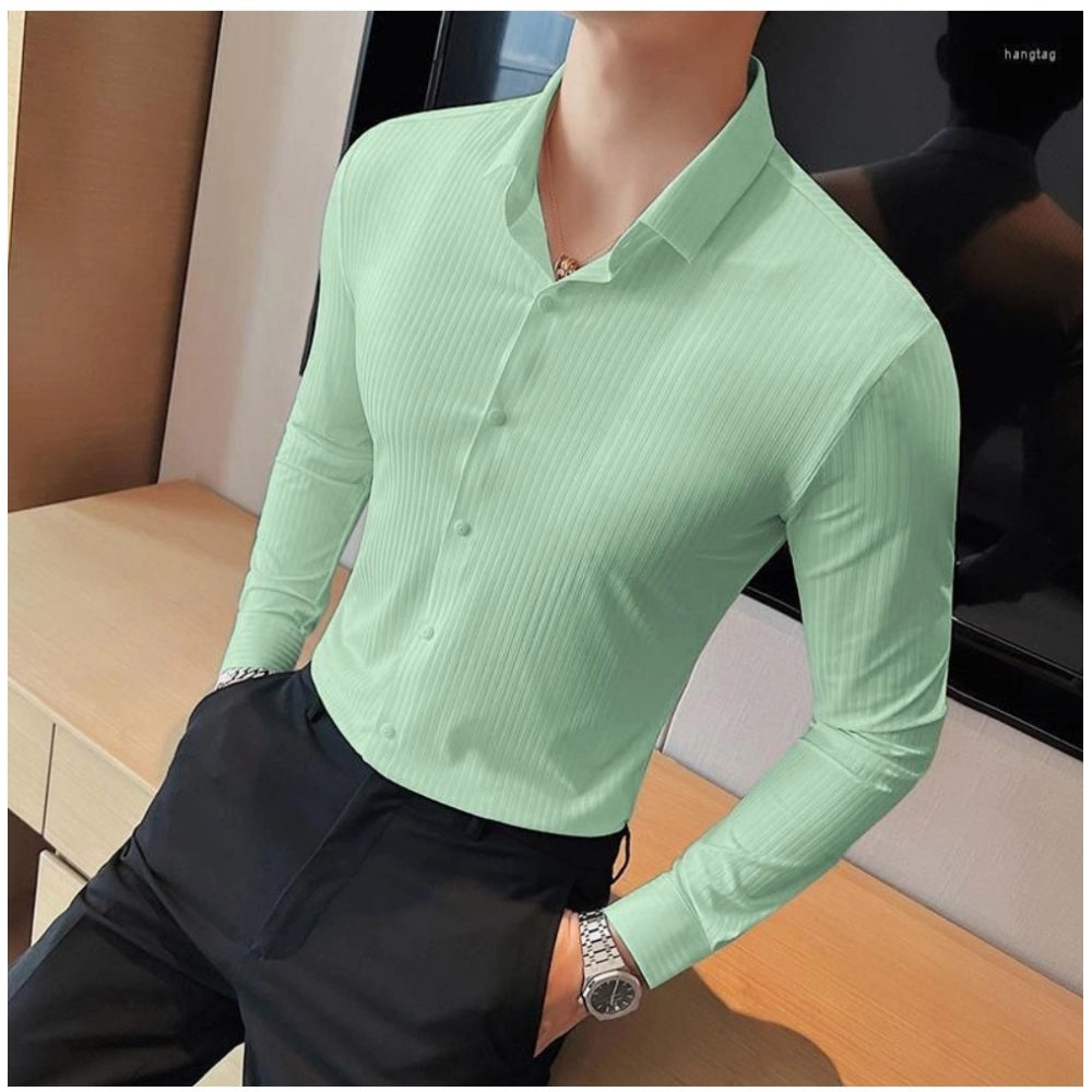 Generic Men's Casual Full Sleeve Striped Cotton Blended Shirt (Light Green)