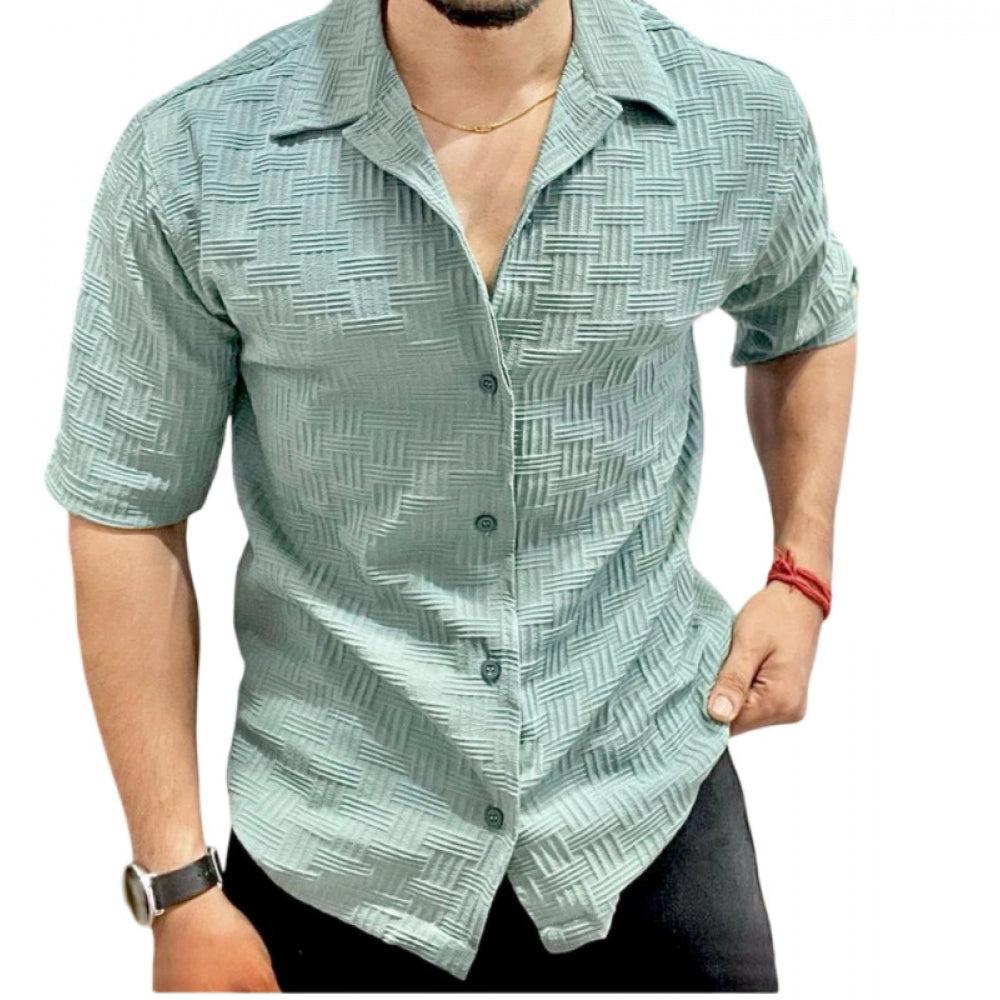 Generic Men's Casual Full Sleeve Strip Line Cotton Blended Shirt (Green)