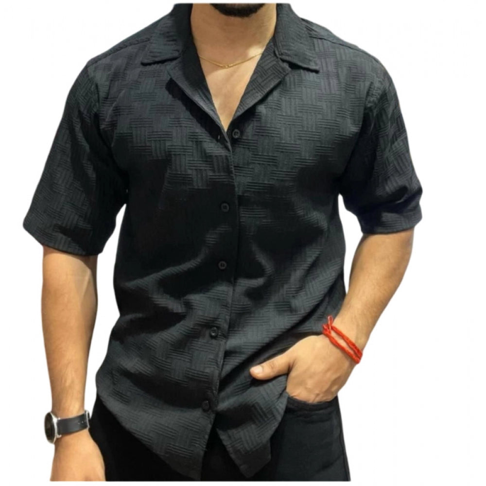 Generic Men's Casual Full Sleeve Strip Line Cotton Blended Shirt (Black)