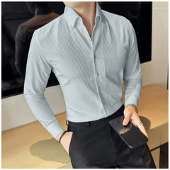 Generic Men's Casual Full Sleeve Striped Cotton Blended Shirt (Grey)