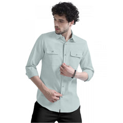 Generic Men's Casual Full Sleeve Striped Cotton Blended Shirt (Light Green)