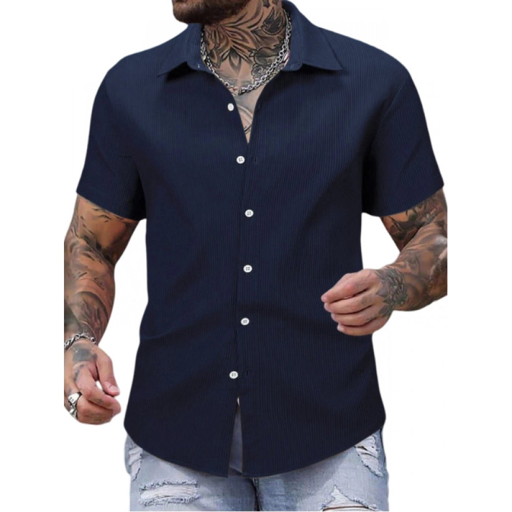 Generic Men's Casual Short Sleeve Striped Cotton Blended Shirt (Navy)