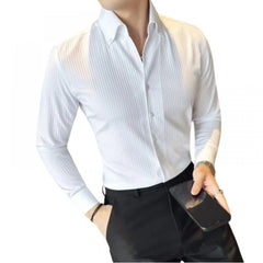 Generic Men's Casual Full Sleeve Striped Cotton Blended Shirt (White)