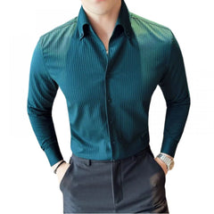 Generic Men's Casual Full Sleeve Striped Cotton Blended Shirt (Teal)