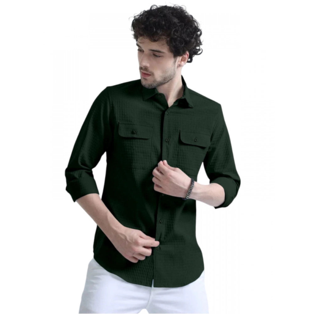 Generic Men's Casual Short Sleeve Striped Cotton Blended Shirt (Green)