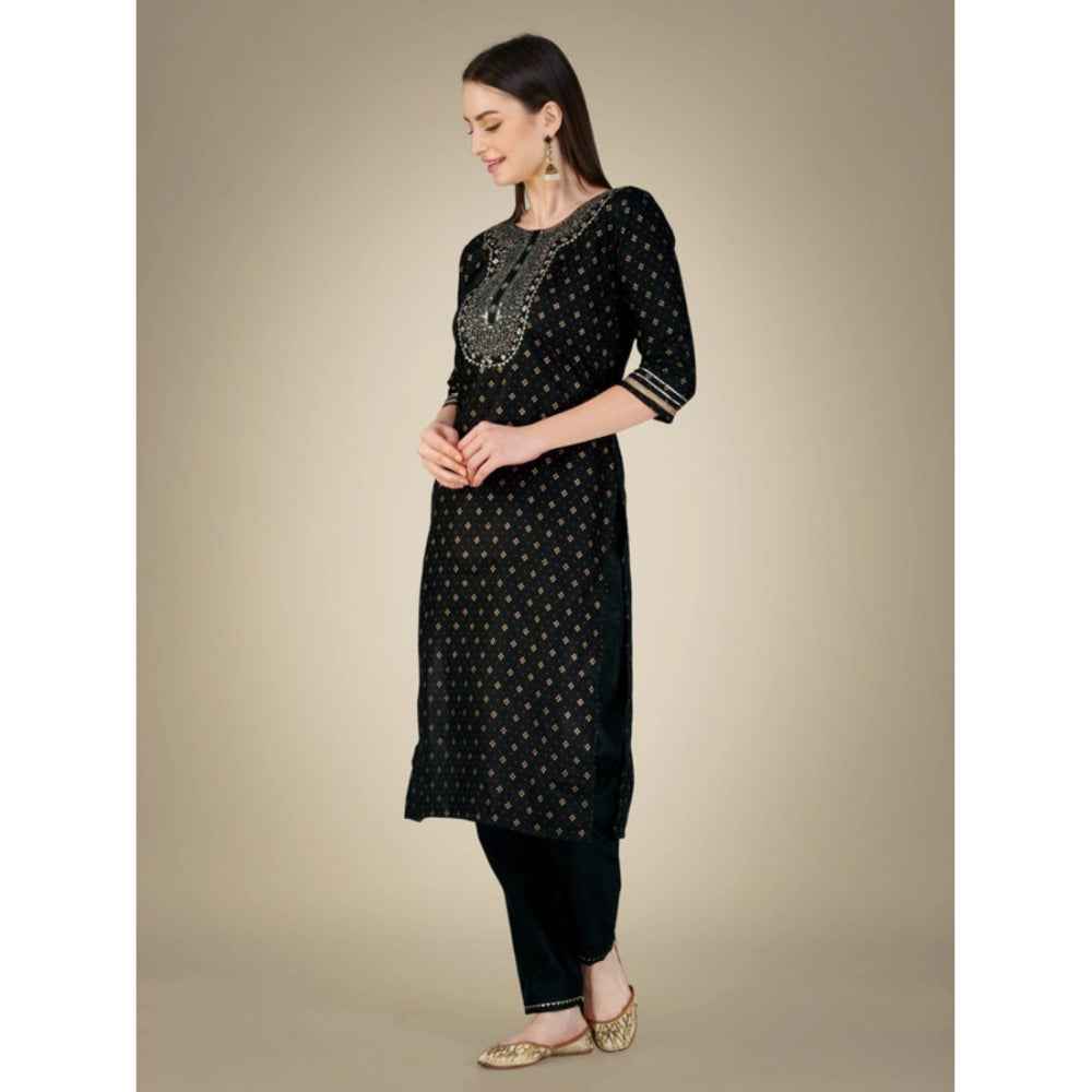 Generic Women's Casual 3-4 th Sleeve Embroidery Cotton Kurti Pant Dupatta Set (Black)