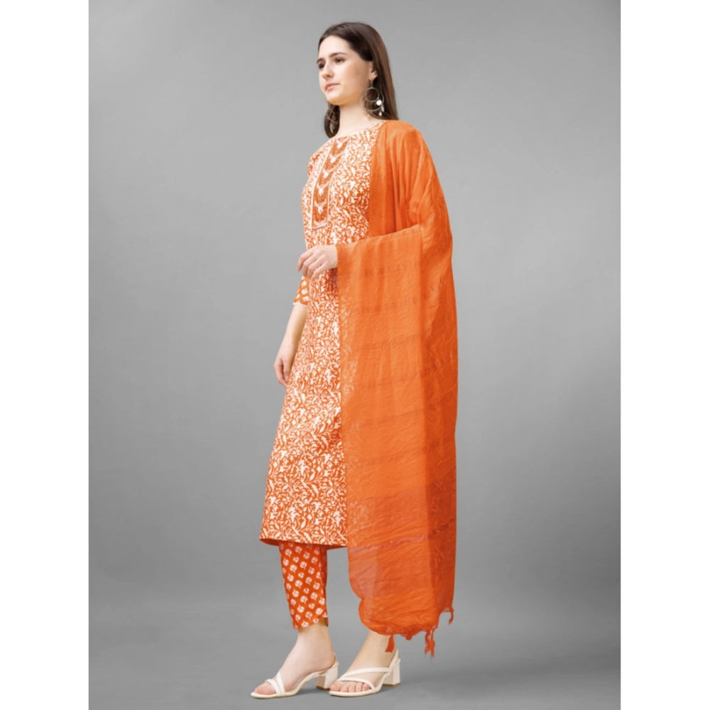 Generic Women's Casual 3-4 th Sleeve Embroidery Rayon Kurti Pant Dupatta Set (Orange)