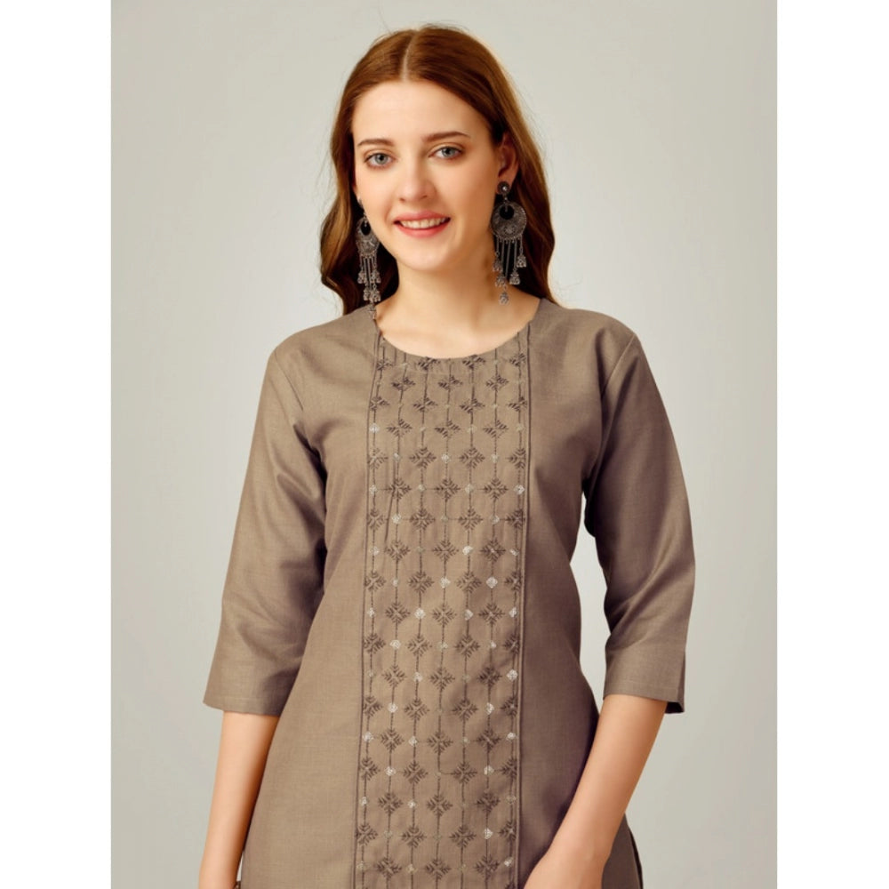 Generisches Damen-Kurti-Hosenset aus Baumwolle mit Stickerei und 3–4-Ärmeln (Beige)