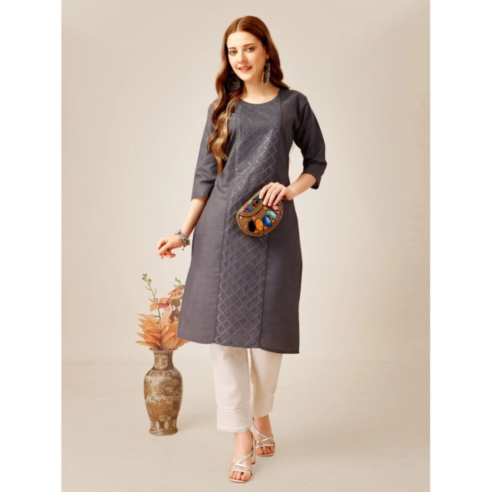 Generic Women's Casual 3-4 th Sleeve Embroidery Cotton Kurti Pant Set (Grey)