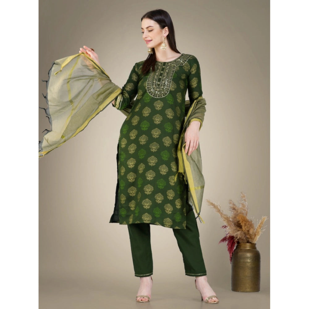 Generic Women's Casual 3-4 th Sleeve Embroidery Cotton Kurti Pant Dupatta Set (Dark Green)