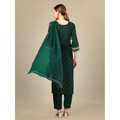 Generic Women's Casual 3-4 th Sleeve Embroidery Silk Blend Kurti Pant Dupatta Set (Dark Green)