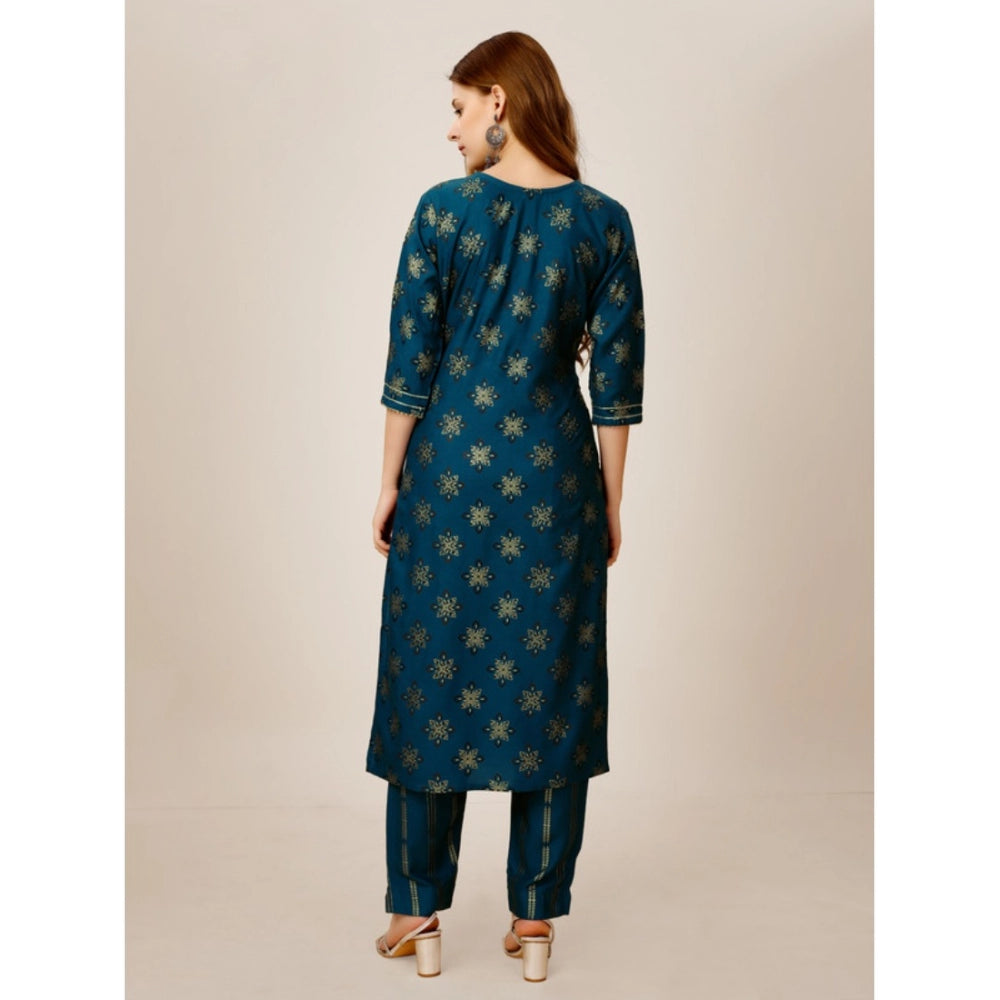 Generisches Damen-Kurti-Hosenset mit 3–4-Ärmeln und Stickerei aus Viskose (blau)